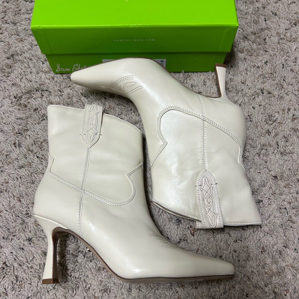 Sam Edelman Cream Western-Style Heeled Ankle Boots